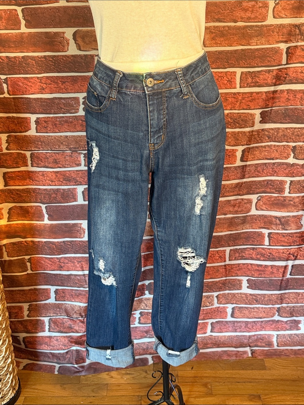 👖!it High-Rise Distressed Jeans — Dk/Med Wash Blue — Sz 12